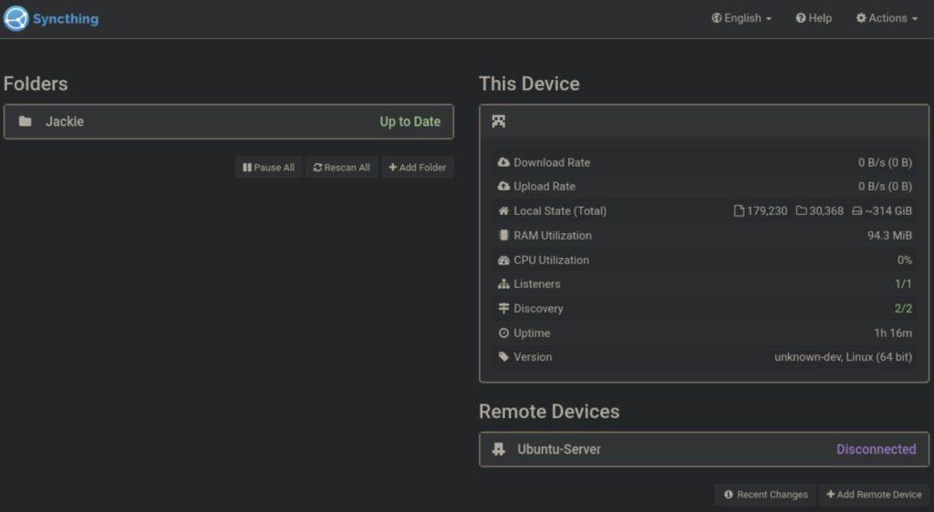 Photo of the Syncthing GUI interface.