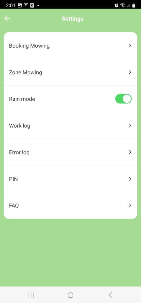 AYI 2/3 Robot Lawn Mower App Settings Page