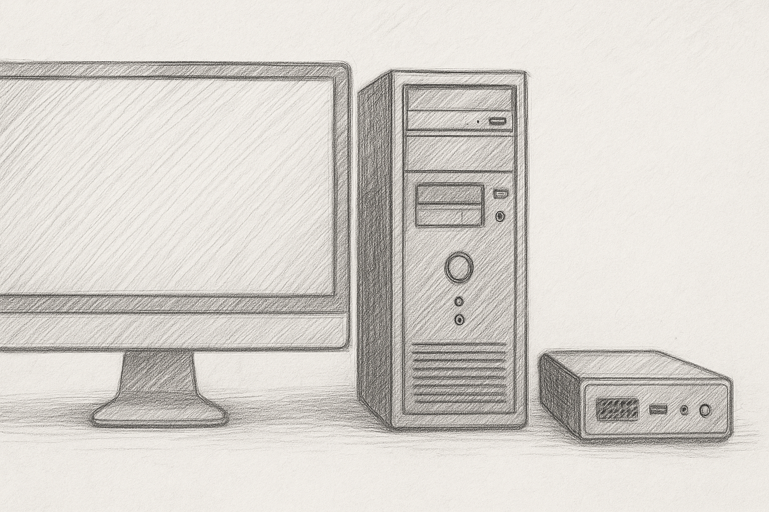 Sketch of three desktops: An All-In-One, Full-sized, and Mini desktop computer